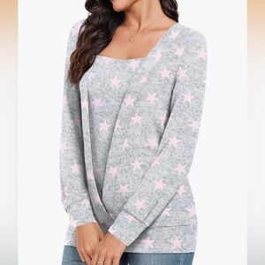 Gray Star Print Long Sleeve Top with Pink Stars